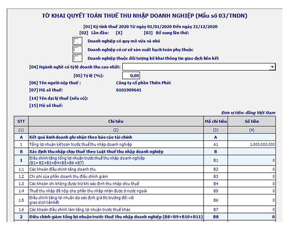  tờ khai Quyết toán thuế TNDN năm 2020 mẫu 03/TNDN